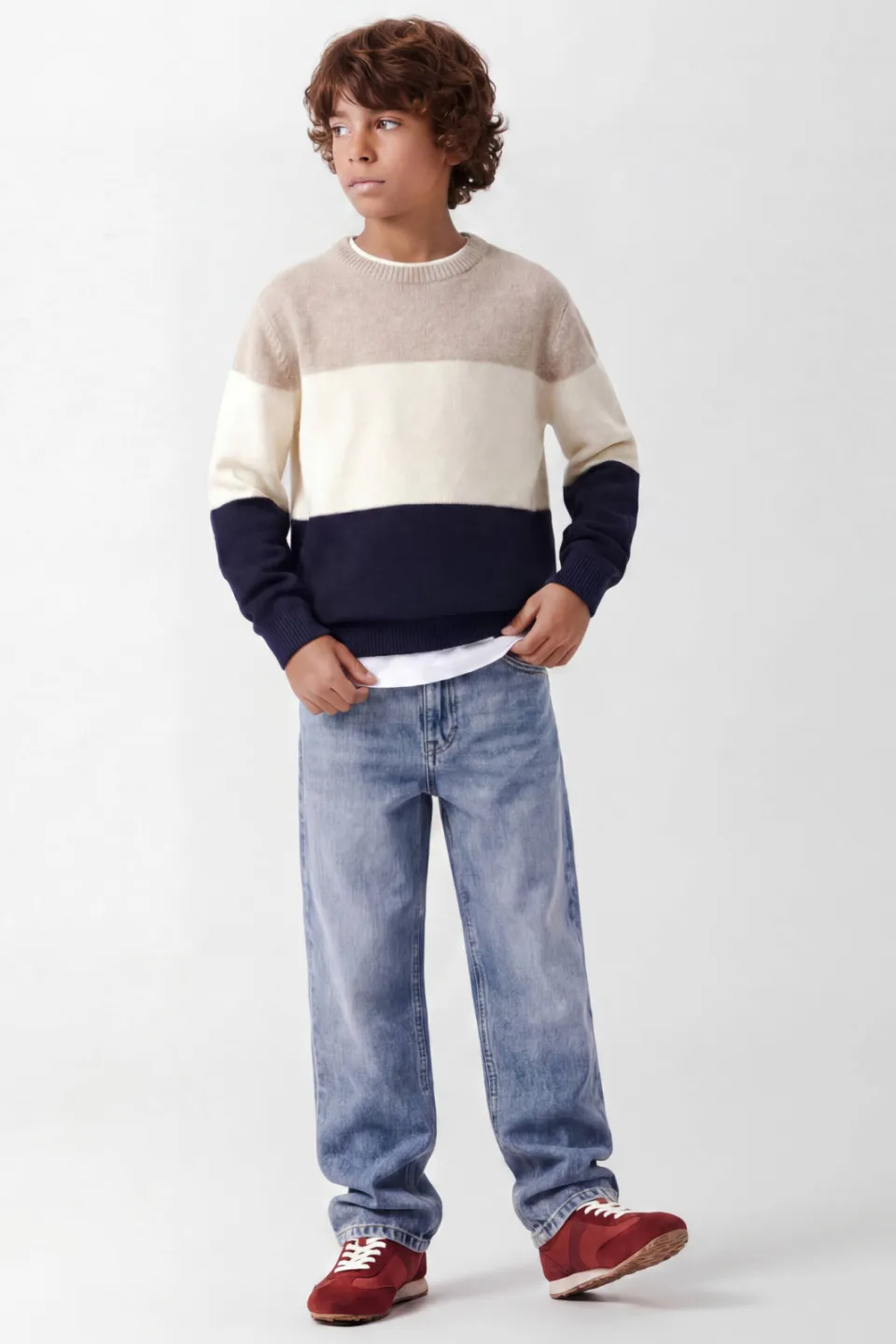 NAME IT KIDS katoenen rechtvallende gebreide gestreepte trui - beige, foto 5