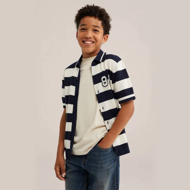 WE Fashion gebreide gestreepte polo - donkerblauw Donkerblauw/wit