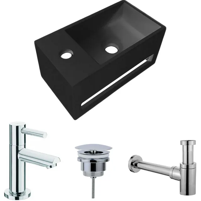 Boss & Wessing Fonteinset BWS Solid Surface Met Handdoekhouder Links Zwart Chroom