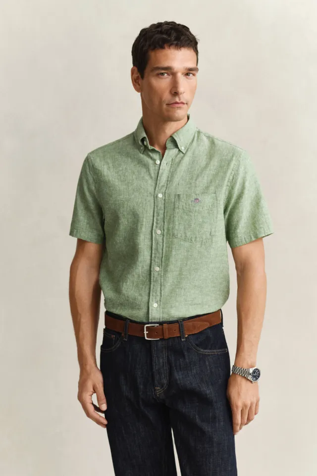Gant regular casual overhemd met linnen groen