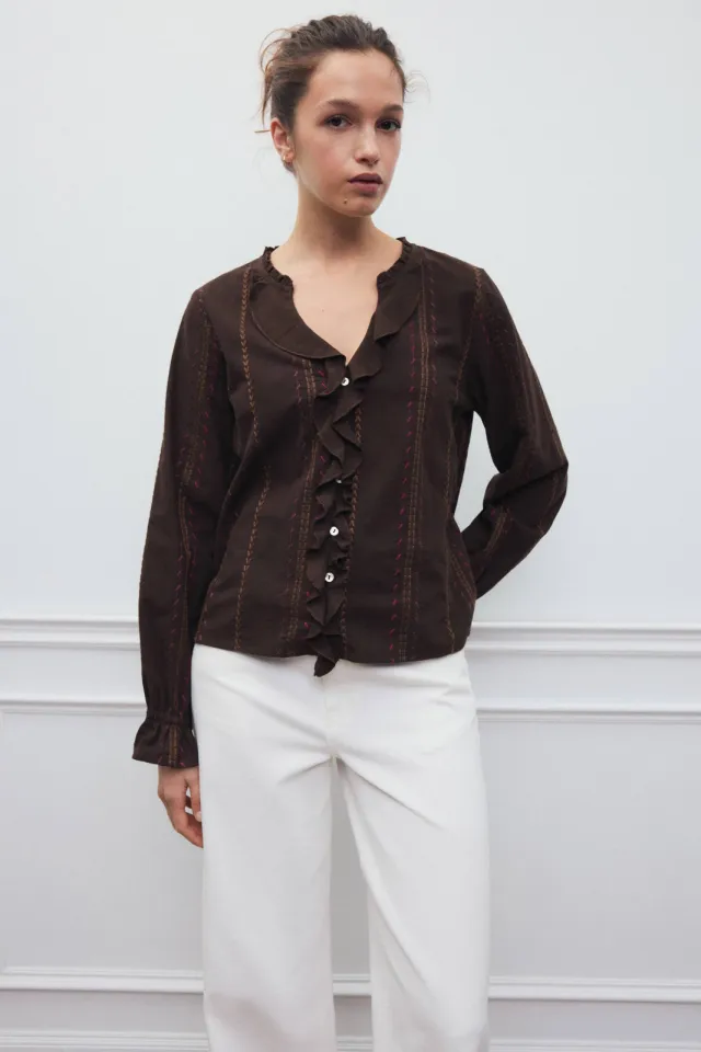 Mango blouse met ruches donkerbruin