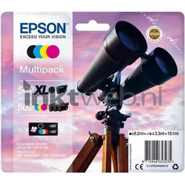 Epson 502XL / 502 Multipack zwart en kleur (Origineel) cyaan