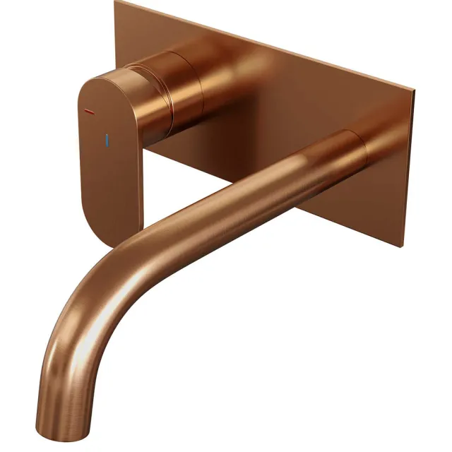 Brauer Inbouw Wastafelmengkraan Brauer Copper Edition Coldstart Gebogen Uitloop Platte Hendel Links Geborsteld Koper PVD Met Afdekplaat