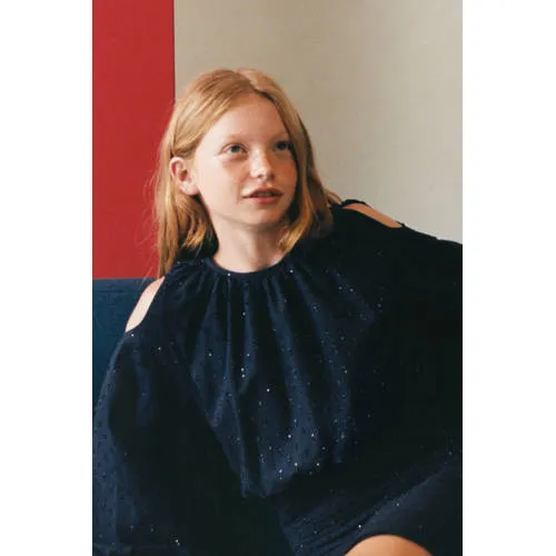 Mango Kids korte glitterjurk marineblauw, foto 4