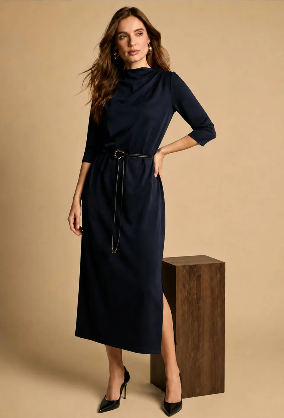Freebird midi jurk met ceintuur donkerblauw, foto 3