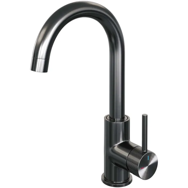 Brauer Wastafelmengkraan Brauer Gunmetal Carving Coldstart Opbouw Hoog Gebogen Ronde Hendel Geborsteld Gunmetal PVD