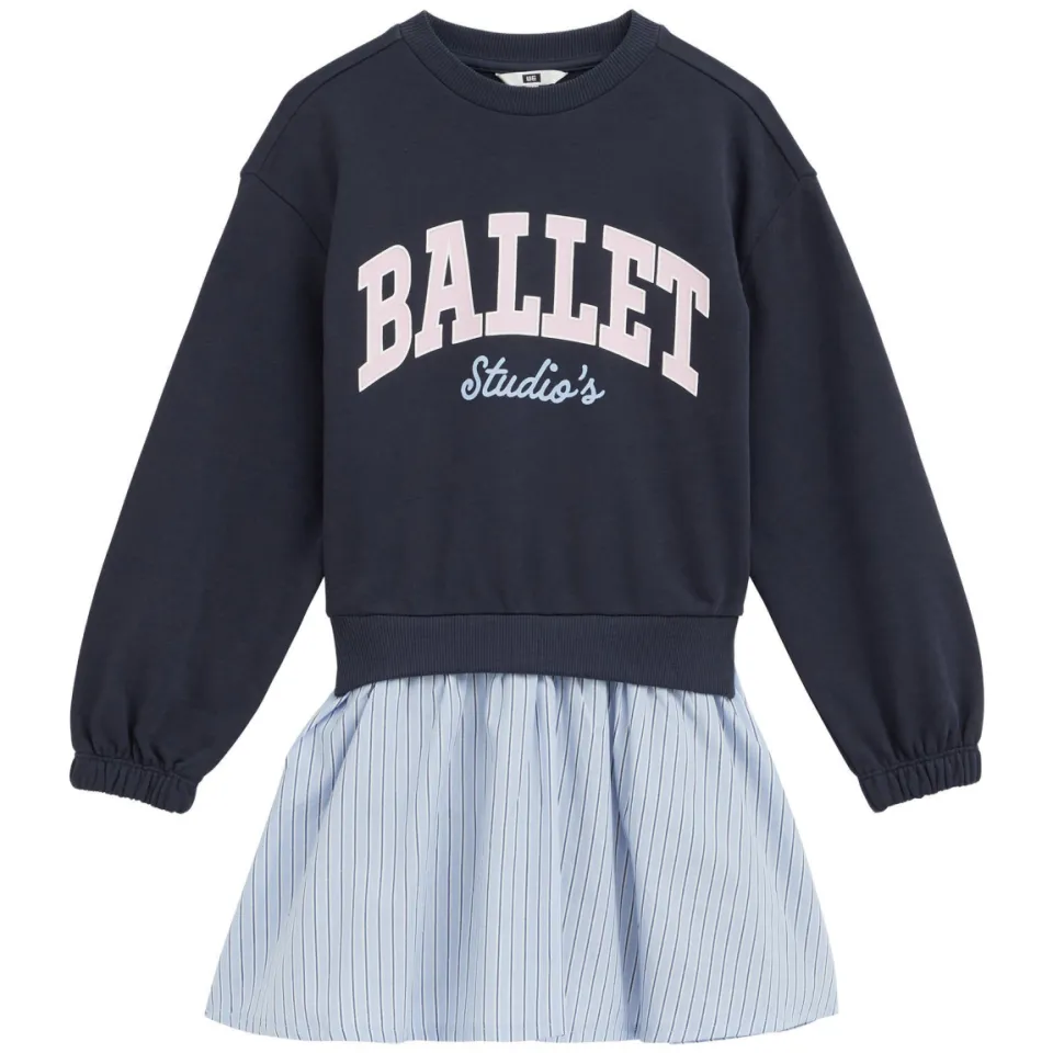 WE Fashion gestreepte sweatjurk met tekst donkerblauw donkerblauw/lichtblauw, foto 2