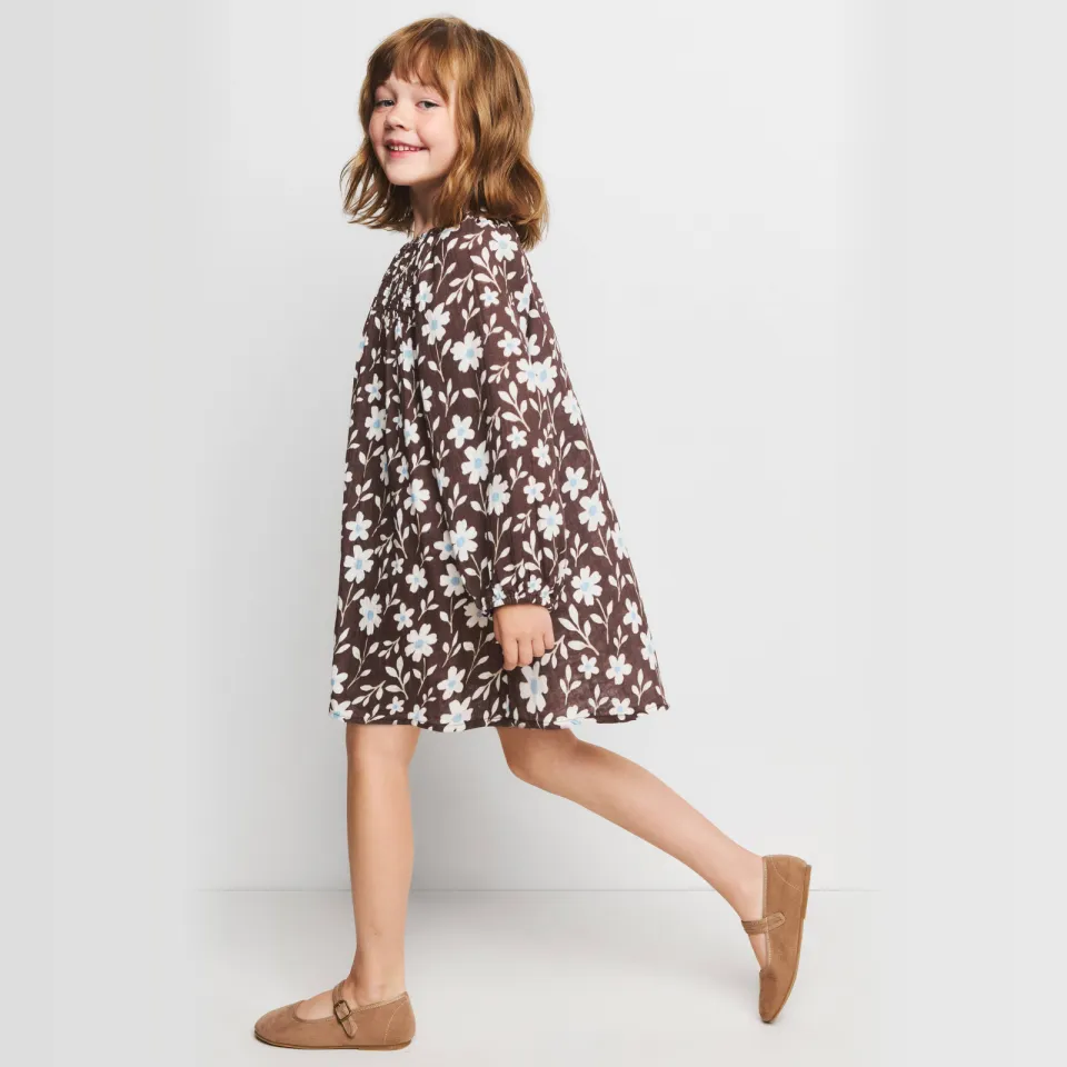 Mango Kids gebloemde korte jurk met smockwerk lichtblauw donkerbruin/wit/lichtblauw, foto 4