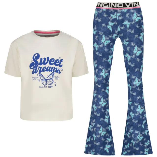 Vingino shirt en flared broek blauw wit Blauw/wit