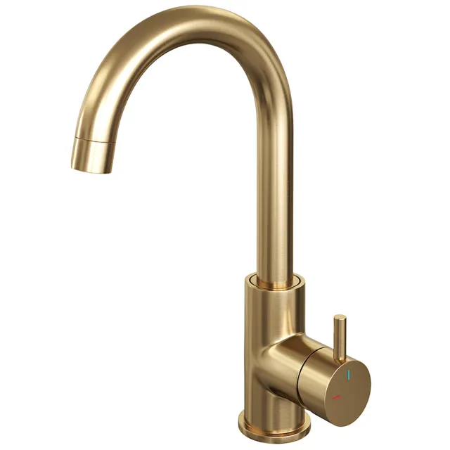 Brauer Wastafelmengkraan Brauer Gold Edition Coldstart Opbouw Hoog Gebogen Korte Ronde Hendel Geborsteld Goud PVD