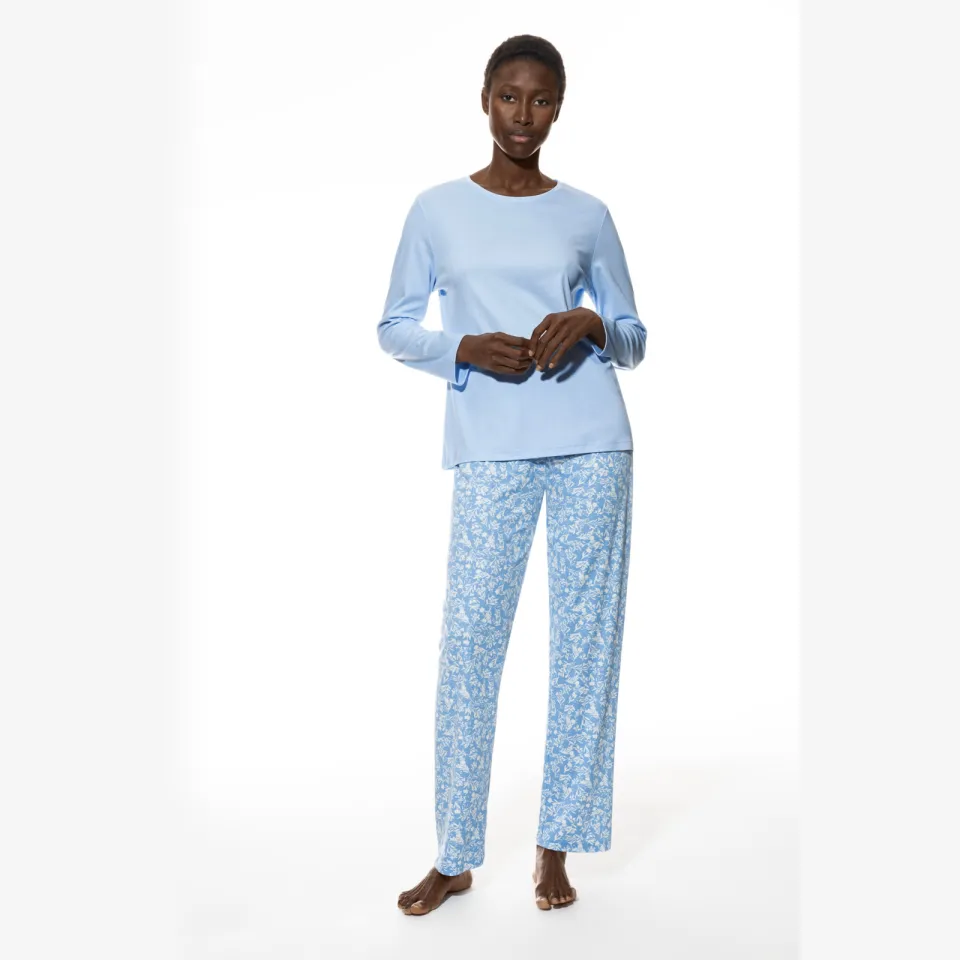 Mey Pyjama met geribde ronde hals blauw