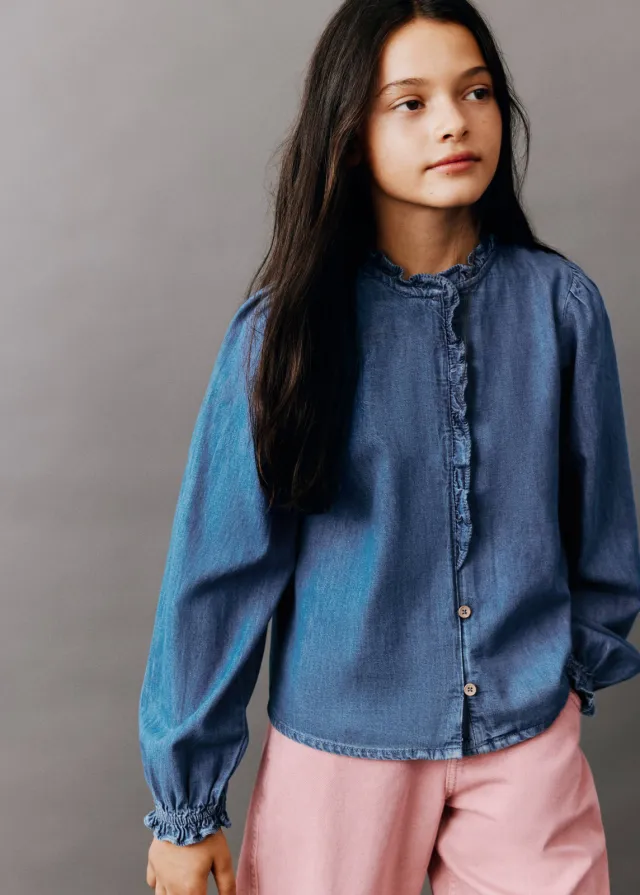 Mango denim blouse met ruches blauw