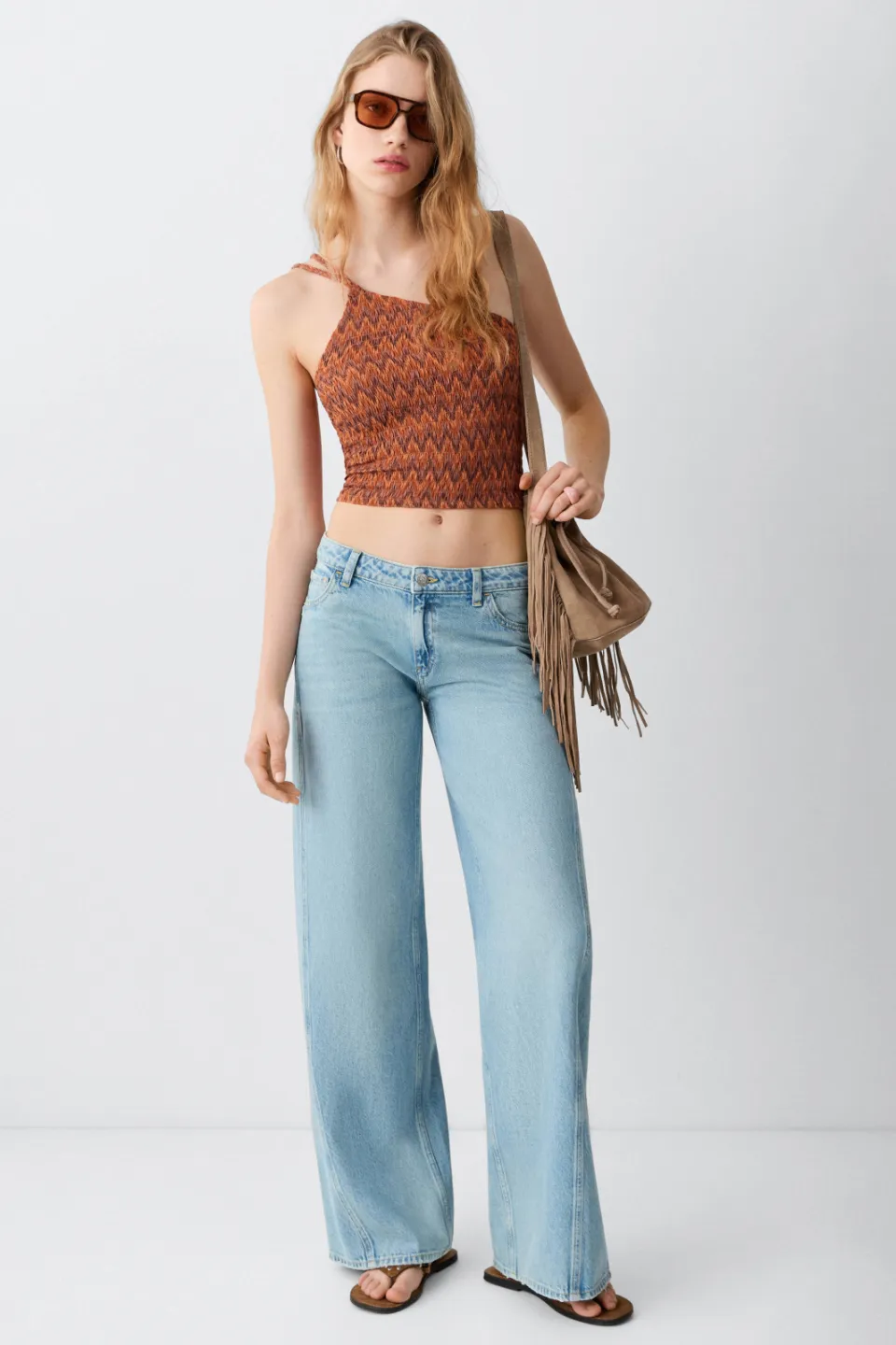 Mango cropped top met smockwerk en print donkeroranje Donker oranje/bruin
