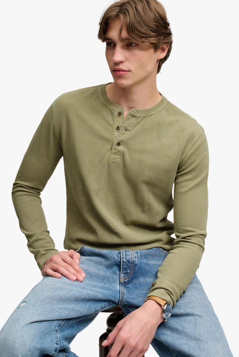 Superdry regular fit longsleeve met wafelstructuur - light khaki green, foto 6