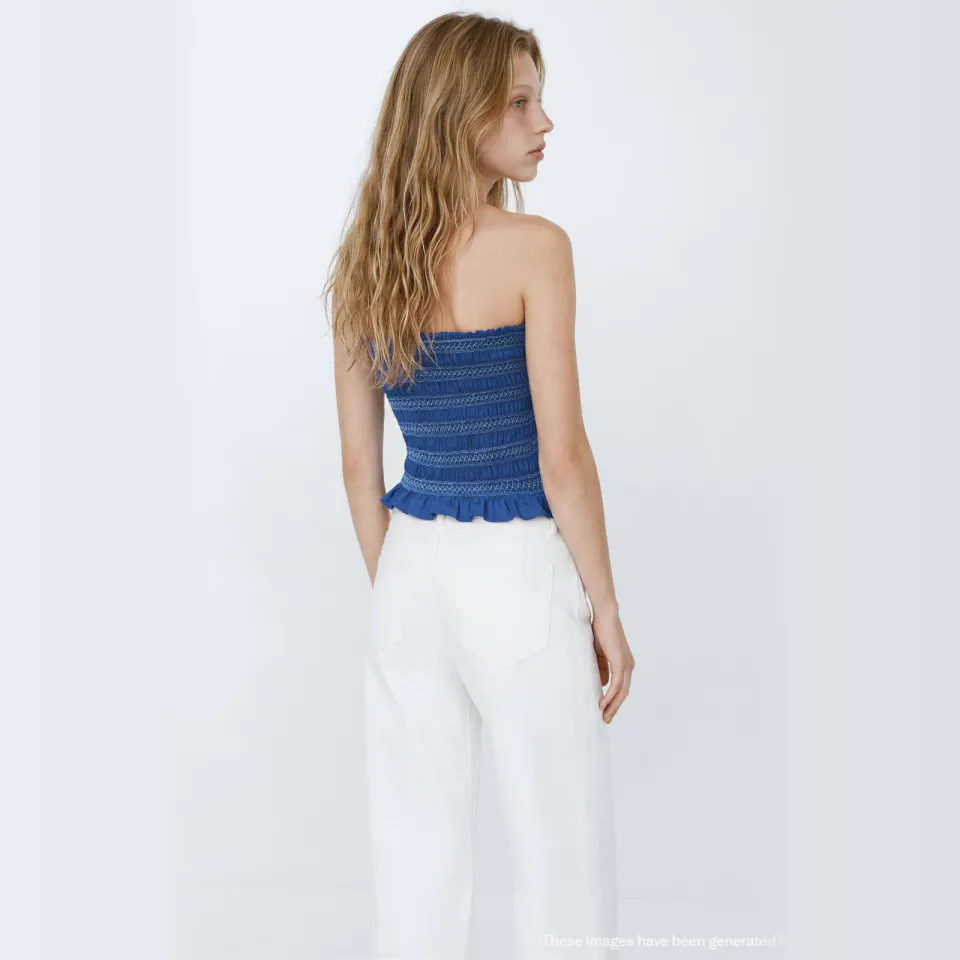 Mango strapless top met smockwerk marineblauw, foto 4