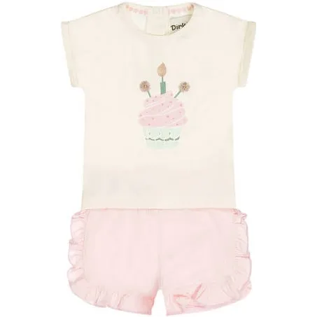 Dirkje T-shirt + korte broek lichtroze/ecru Set Meisjes Stretchkatoen Ronde hals