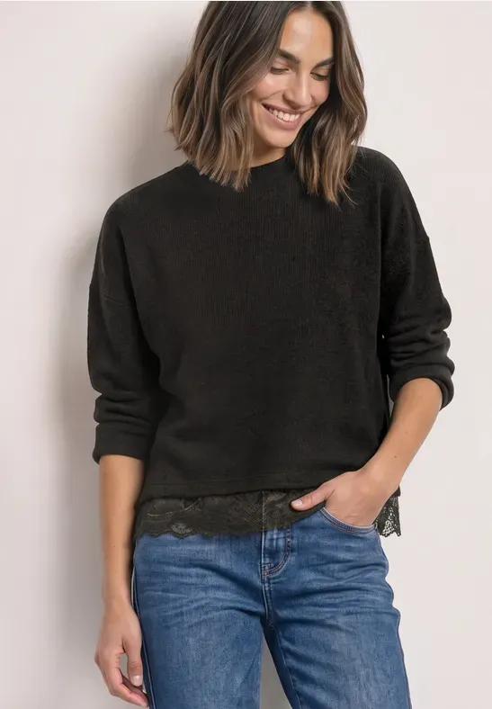 Street One Longsleeve met ronde hals en kanten rand Bruin