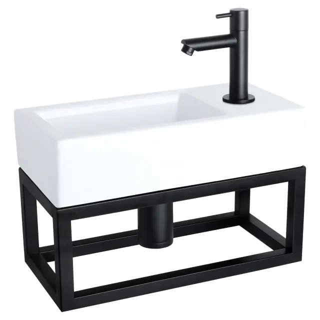 Differnz Fonteinset Differnz Helios Met Handoekrek 37.5x18.5x9.5 cm Keramiek Wit Met Rechte Kraan Rechts Mat Zwart