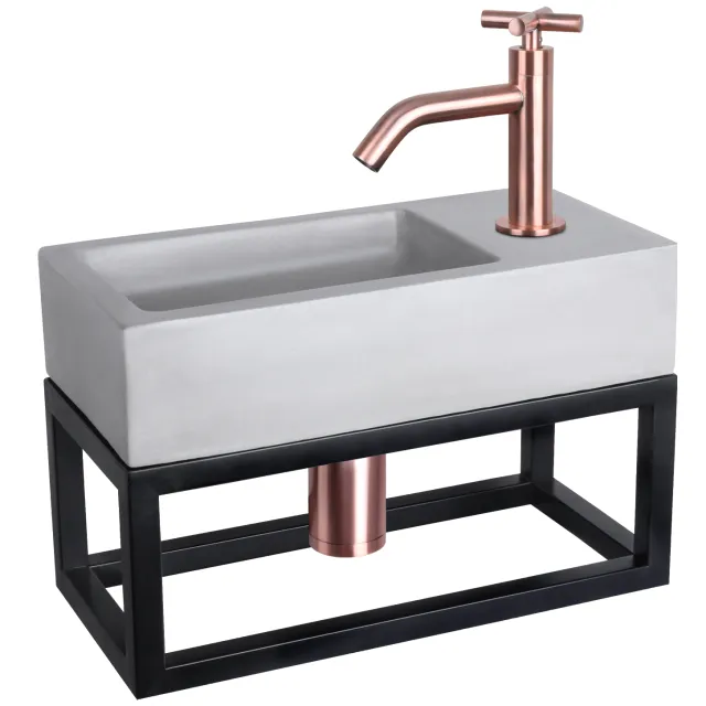 Differnz Fonteinset Differnz Ravo Beton en Handoekrek 38.5x18.5x9 cm Licht Grijs Met Gebogen Kruis Kraan Rood Koper