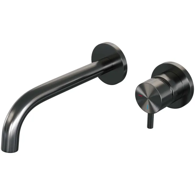 Brauer Inbouw Wastafelmengkraan Brauer Gunmetal Edition Coldstart Gebogen Uitloop Korte Ronde Hendel Rechts Geborsteld Gunmetal PVD Met Rozetten