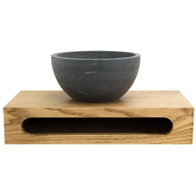 Sanilux Waskom Sanilux Rond 20x12 cm Natuursteen met Massief Wood Planchet Antraciet