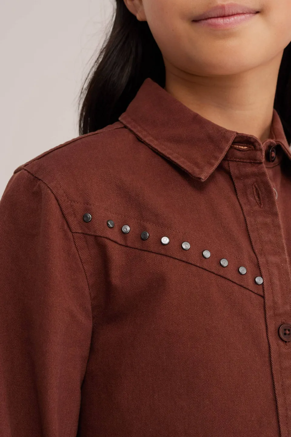 WE Fashion denim blousejurk met studs roodbruin, foto 4