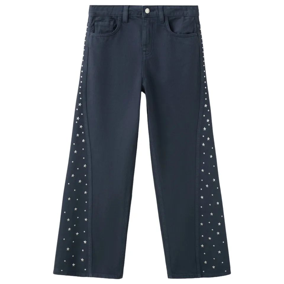 Mango Kids regular waist wide leg cropped jeans met strass-steentjes - donkerblauw, foto 2