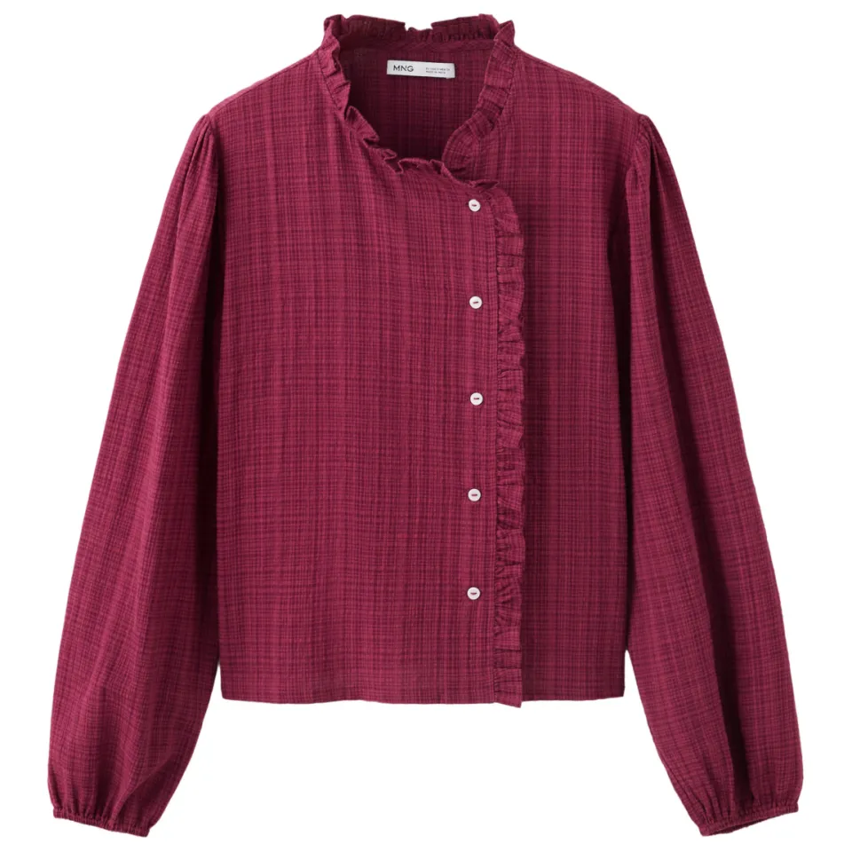 Mango geruite blouse met ruches donkerrood, foto 2