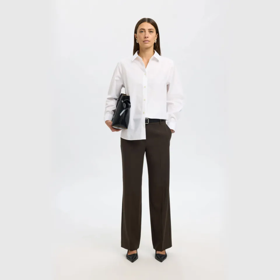 Selected wide leg regular waist casual broek donkerbruin, foto 3