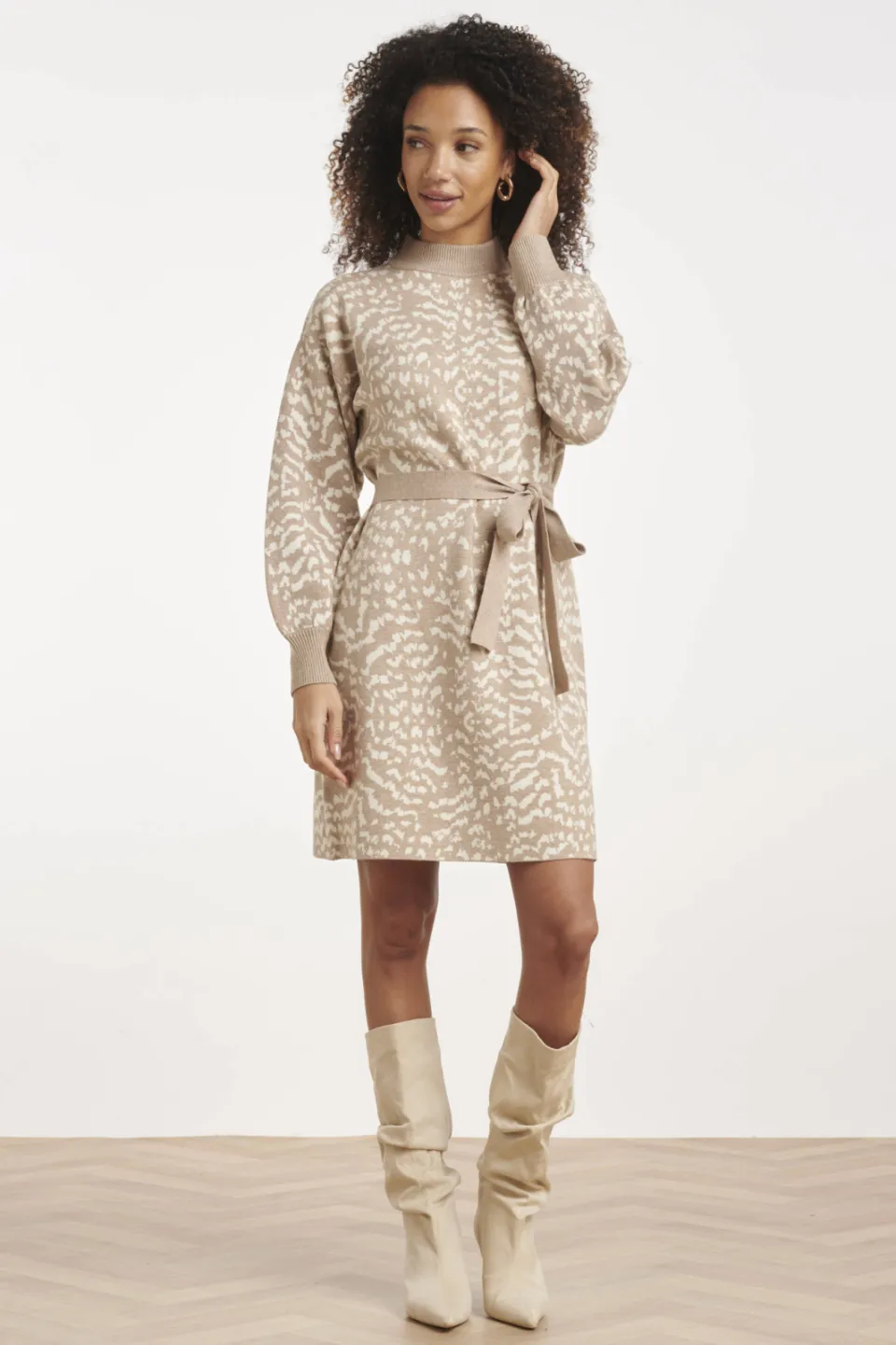 Smashed Lemon gebreide jurk met col en print - beige, foto 3