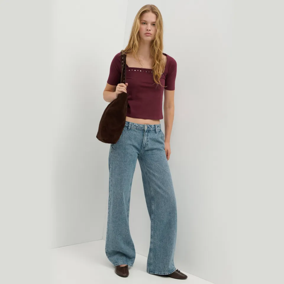 Mango Teen aansluitende cropped top met studs donkerrood, foto 5