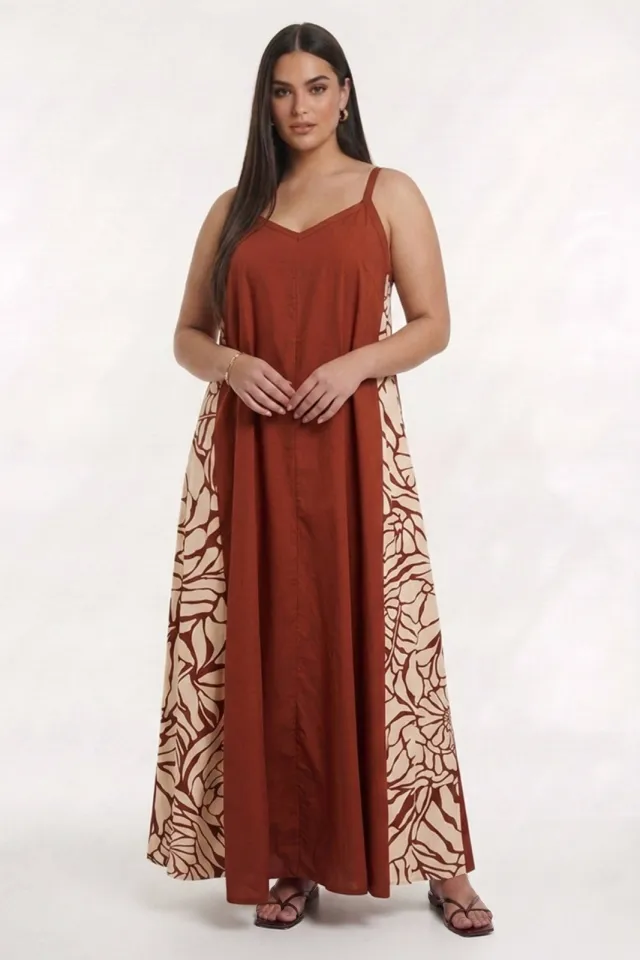 Yoek Swing maxi jurk baksteenrood Bordeaux