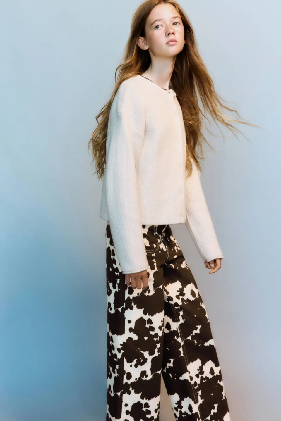 Mango Kids wide leg jeans met koeienprint bruin/wit, foto 4