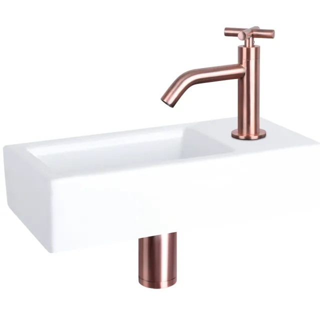 Differnz Fonteinset Differnz Ravo Keramiek 38.5x18.5x9 cm Wit Met Gebogen Kruis Kraan Rood Koper