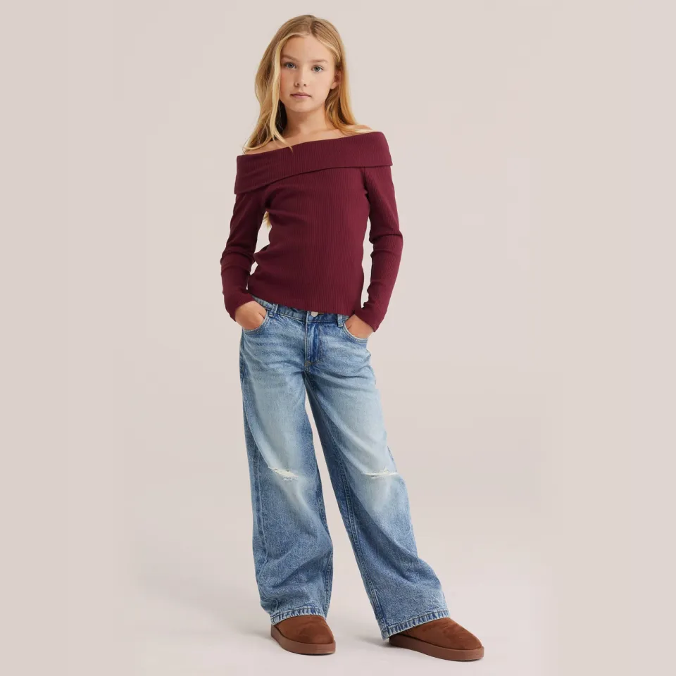 WE Fashion off shoulder gebreide top donkerrood, foto 3