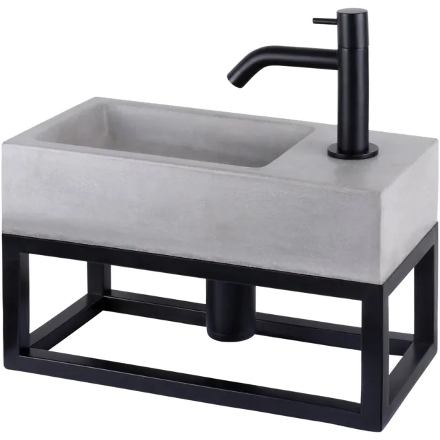 Differnz Fonteinset Differnz Jukon Rechts 38.5x18.5x18 cm Met Handdoekrek Beton Donker Grijs (inclusief mat zwarte kraan sifon en afvoer)