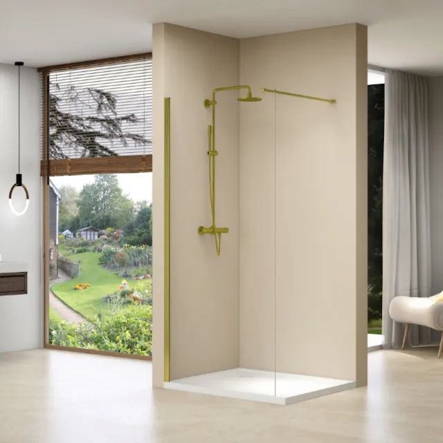 Van Rijn Inloopdouche Van Rijn Products Vaste Wand 87-89 x 200 cm Helder Glas Stabilisatiestang en Gouden Muurprofiel