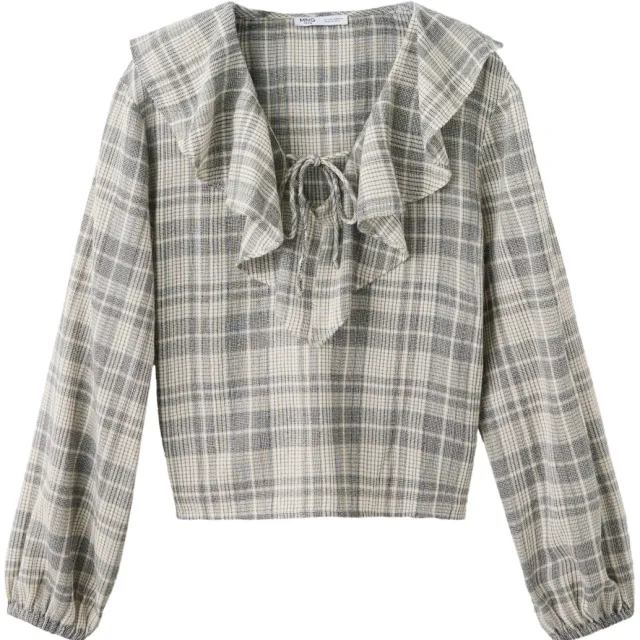 Mango Teen rechtvallende geruite blousetop met ruches beige/wit/zwart, foto 2