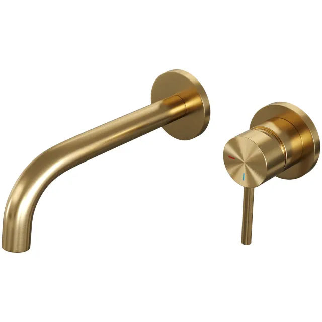 Brauer Inbouw Wastafelmengkraan Brauer Gold Edition Coldstart Gebogen Uitloop Ronde Hendel Rechts Geborsteld Goud PVD Met Rozetten
