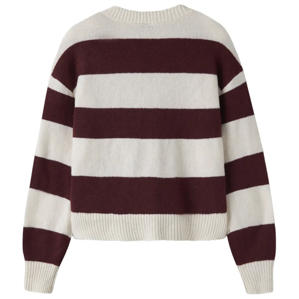 LMTD gebreide gestreepte trui met wol - donkerpaars Meisjes Polyester Ronde hals donkerpaars/wit, foto 2