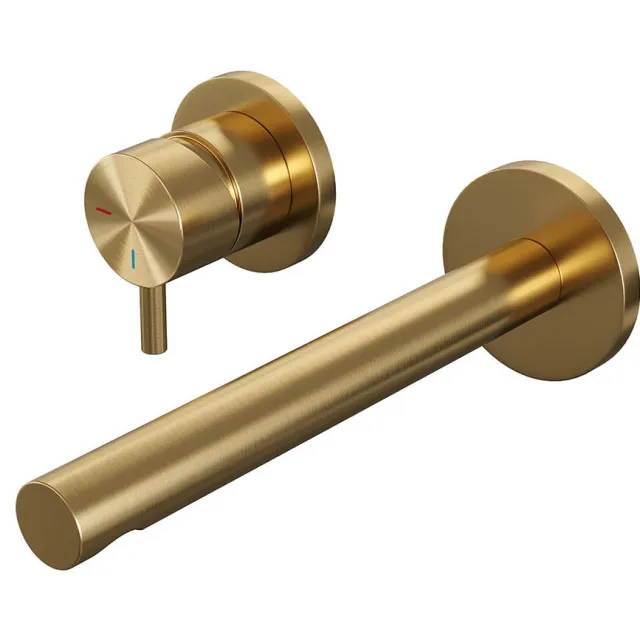 Inbouw Wastafelmengkraan Brauer Gold Edition Coldstart Rechte Uitloop Korte Ronde Hendel Links Geborsteld Goud PVD Met Rozetten