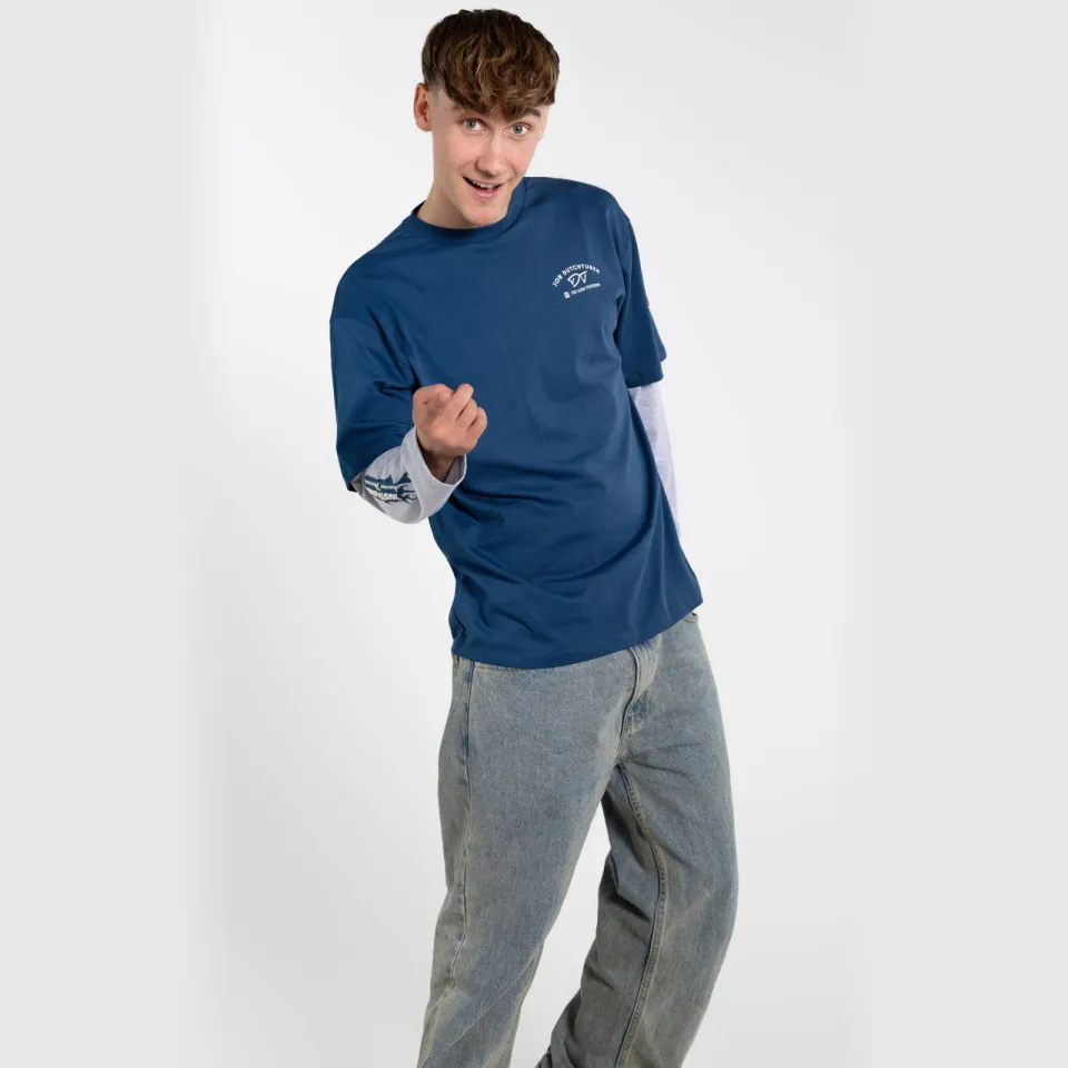 No Way Monday X Job Dutchtuber oversized longsleeve met tekst - blauw/grijs