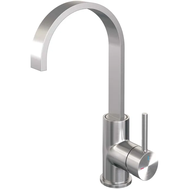 Brauer Wastafelmengkraan Brauer Brushed Edition Coldstart Opbouw Hoog Plat Gebogen Ronde Hendel Geborsteld RVS PVD