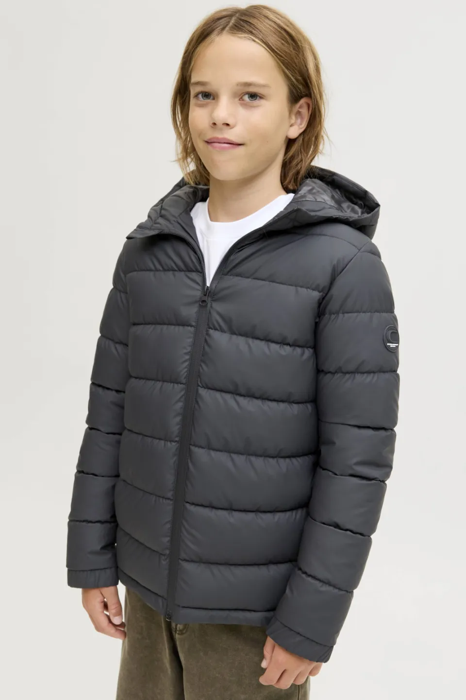 Jack & Jones Junior gewatteerde winterjas zwart met capuchon