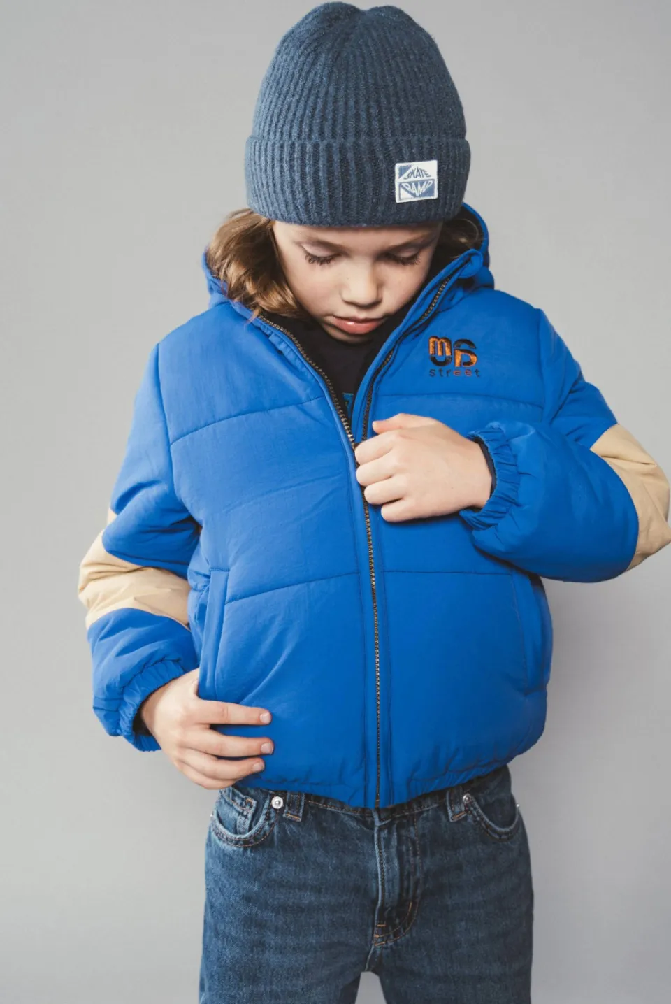 Moodstreet gewatteerde winterjas helderblauw beige, foto 5