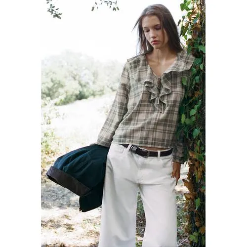 Mango Teen rechtvallende geruite blousetop met ruches beige/wit/zwart, foto 3
