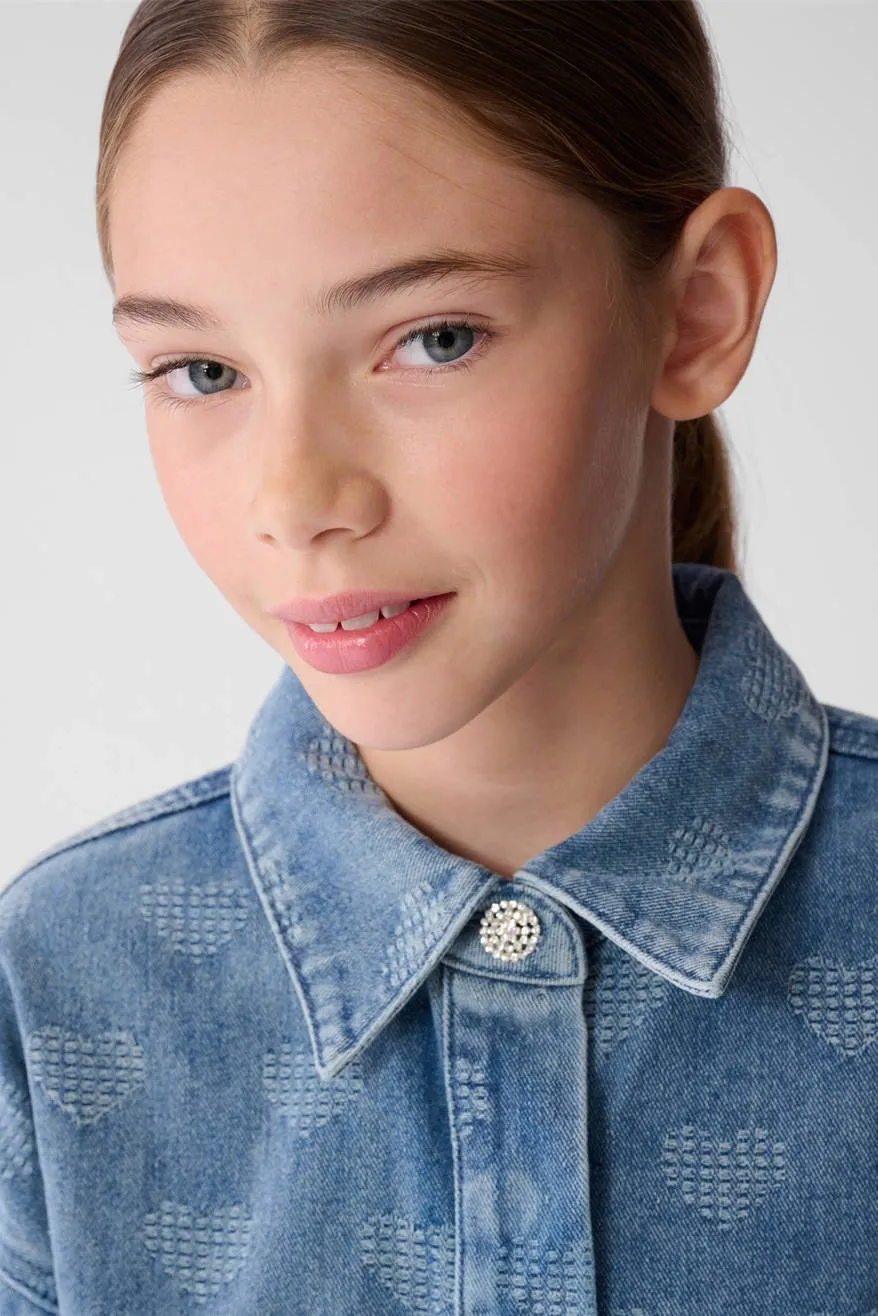 Shoeby denim blouse met hartjes medium blue denim, foto 8