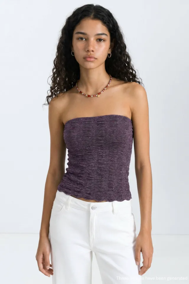 Mango strapless top met glitters aubergine, foto 4