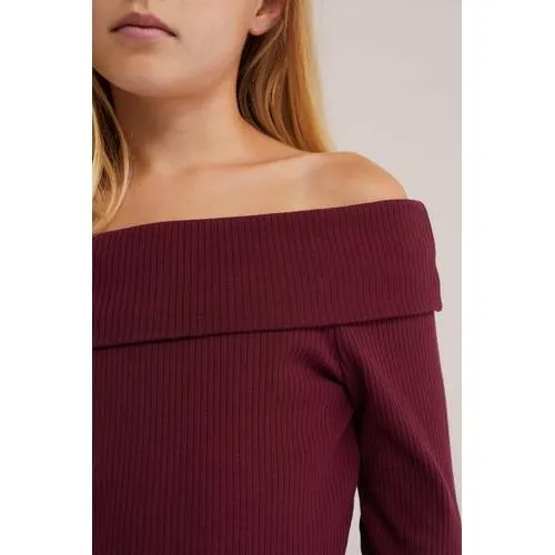 WE Fashion off shoulder gebreide top donkerrood, foto 5