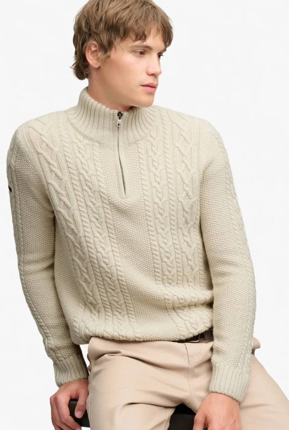 Superdry slim fit gebreide kabeltrui met kabels en wol - ecru, foto 6